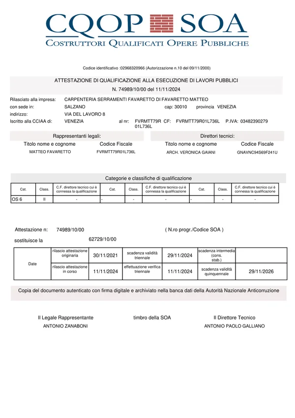 Attestazione SOA di Carpenteria Serramenti Favaretto rilasciata da CQOP SOA