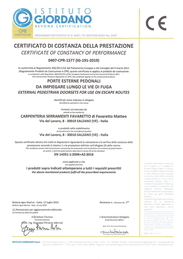 Certificato di costanza della prestazione EN 14351-1 per porte esterne pedonali lungo le vie di fuga, rilasciato dall'Istituto Giordano a Carpenteria Serramenti Favaretto