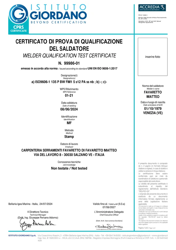 Certificato di qualificazione del saldatore n. 99986-01 intestato a Matteo Favaretto
