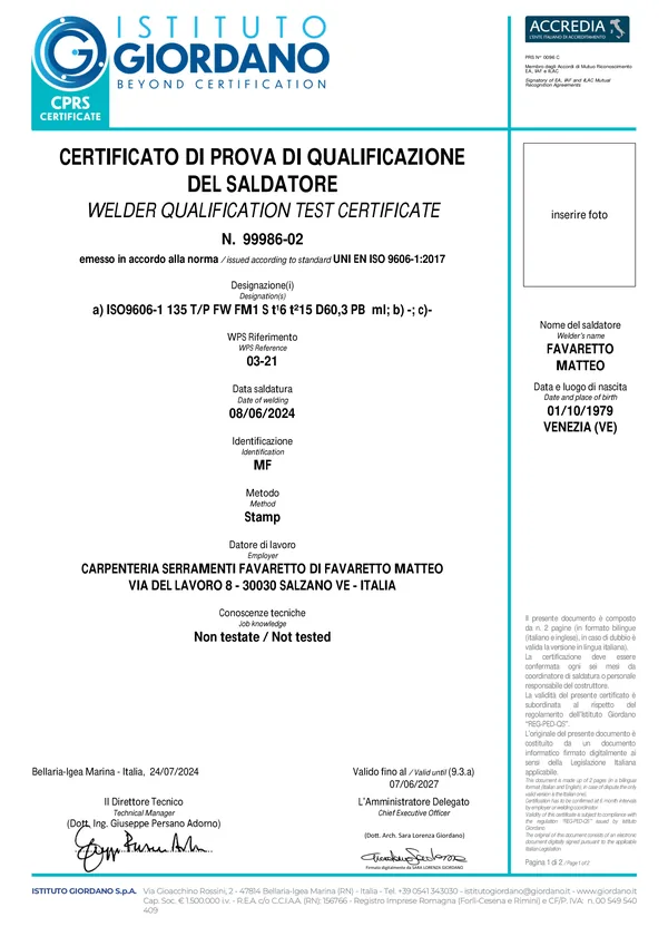 Certificato di qualificazione del saldatore n. 99986-02 intestato a Matteo Favaretto
